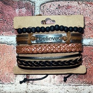 New Believe Brown/Black Cowhide Leather Bracelet Hand Woven Beaded 4pc Unisex